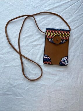 Tan Crossbody Phone Pouch with Colorful Aztec Accent